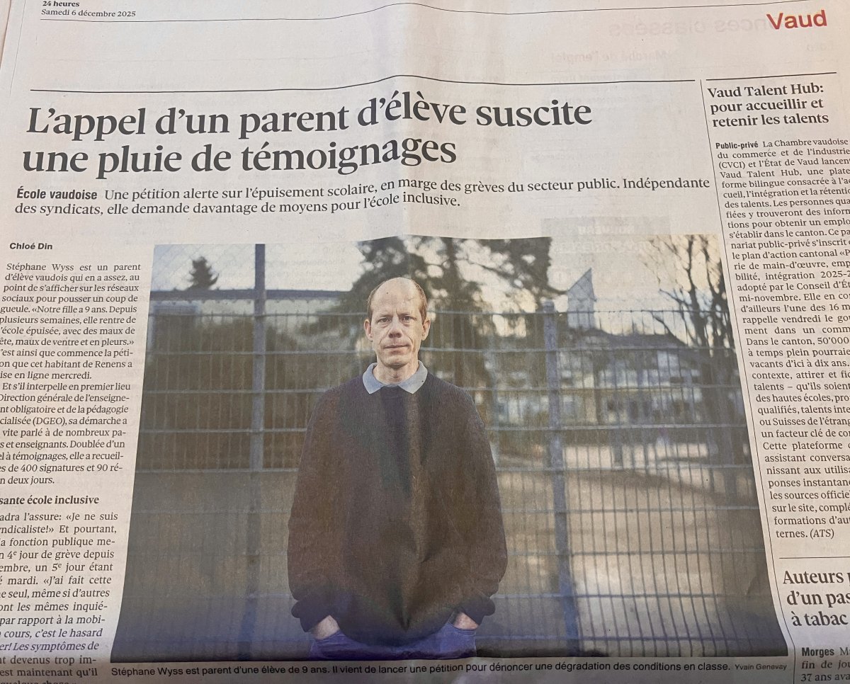24Heures: "L’appel d’un parent d’élève suscite une pluie de témoignages"